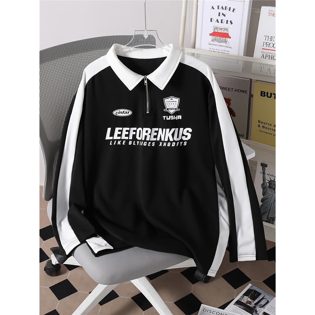 Moletom Com Capuz Zíper E Estampa De Letras Estilo Americano Jovem – Pulôver Casual De Manga Comprida Preto Branco Contr