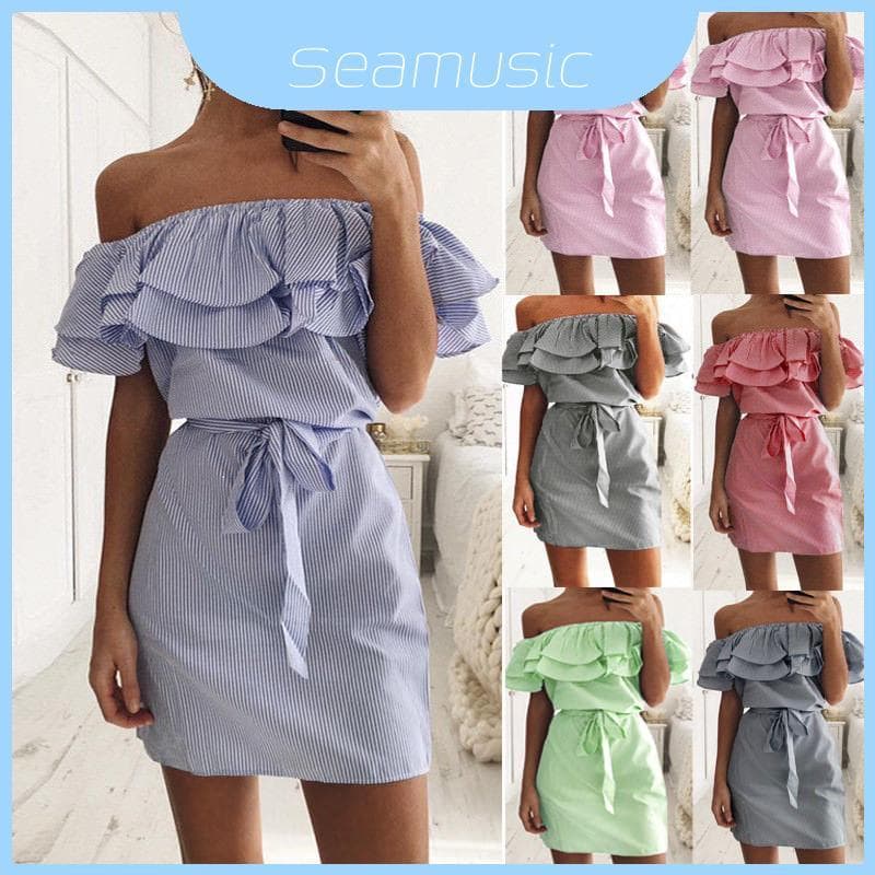 Moda Feminina Elegante Verão Casual Praia Mini Vestido Com Lindo Babado Fora Do Ombro Design