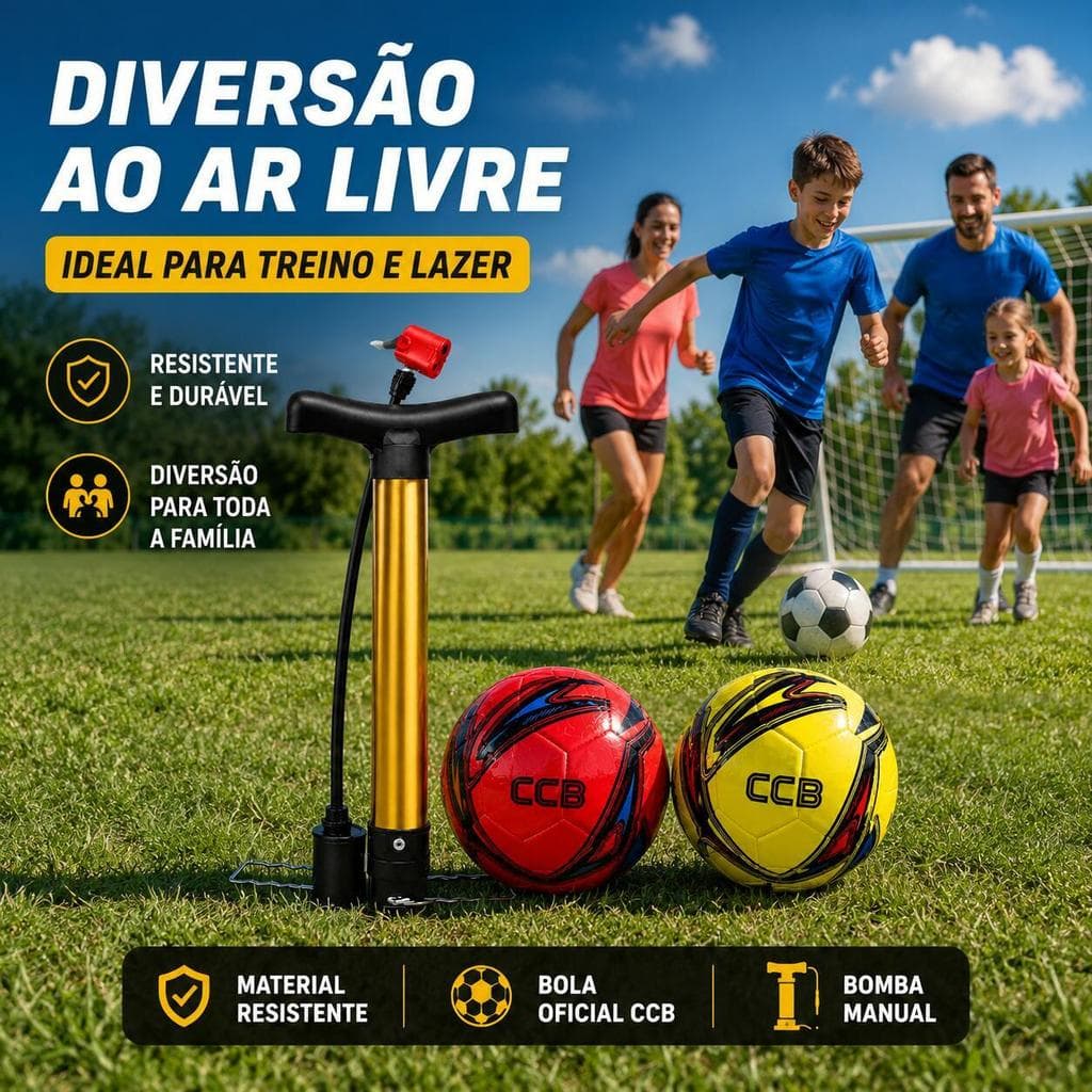 Kit Bola de Futebol CCB + Bomba de Ar Manual KAPBOM Dourada com Agulha para Campo, Quadra, Escola e Lazer
