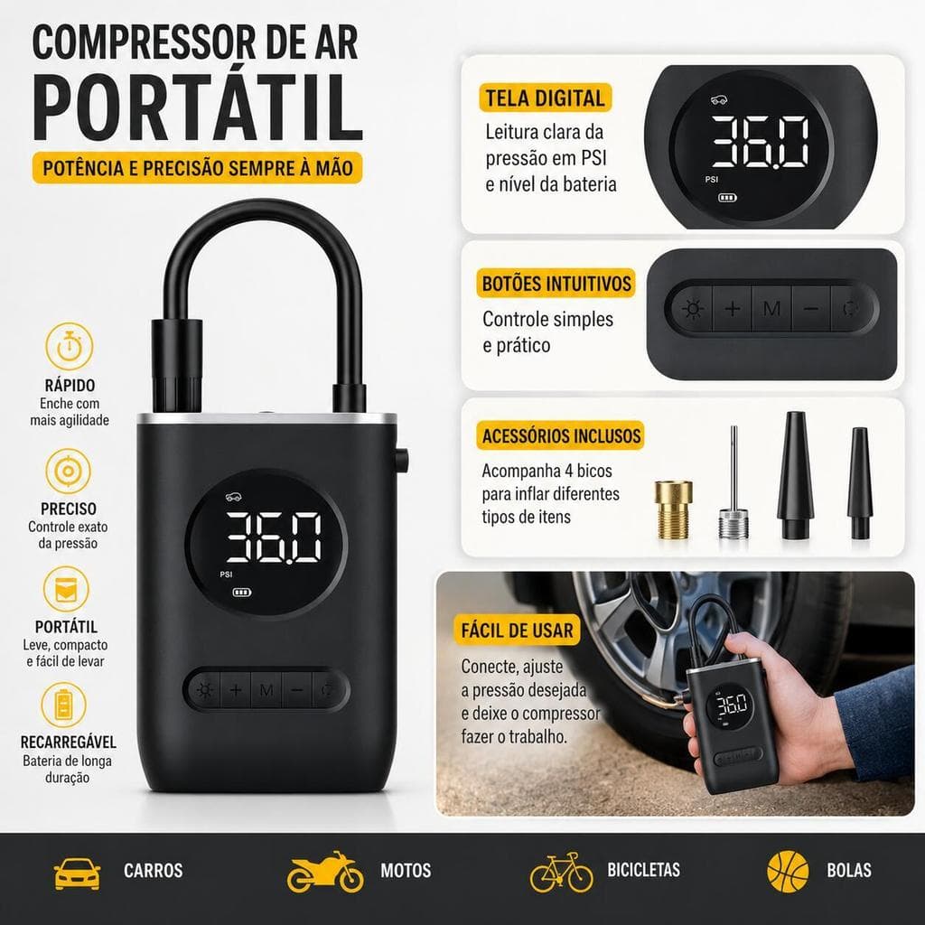 Mini Compressor de Ar Portátil Digital Recarregável para Pneu Carro Moto Bike Bicicleta Bola com Acessórios