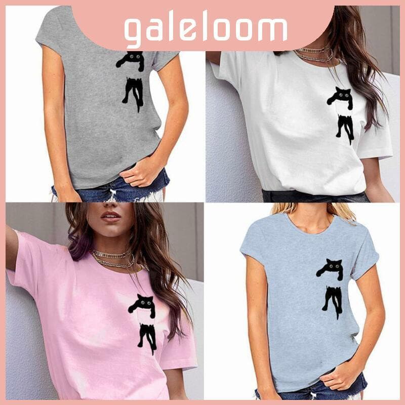 Camiseta Feminina Versátil Sólida Simples Gato Com Mangas De Tecido De Mistura De Algodão Macio E Curto