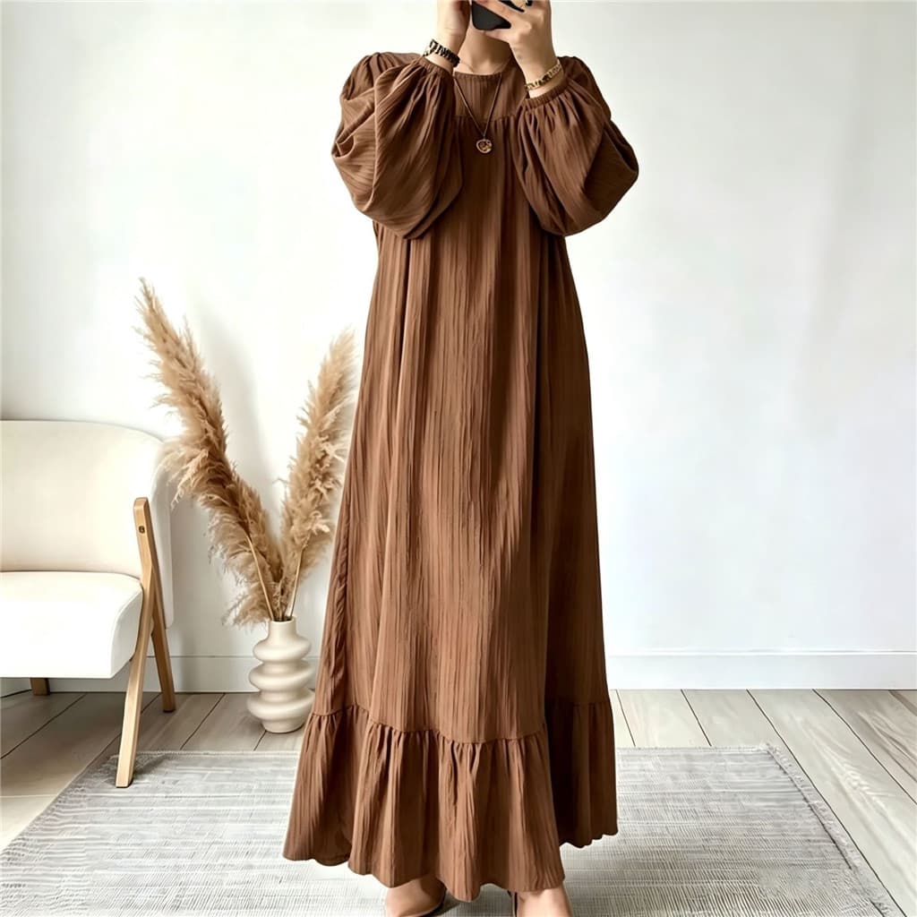 Primavera outono moda manga comprida Retro vestido longo sólido babados bainha vestido feminino