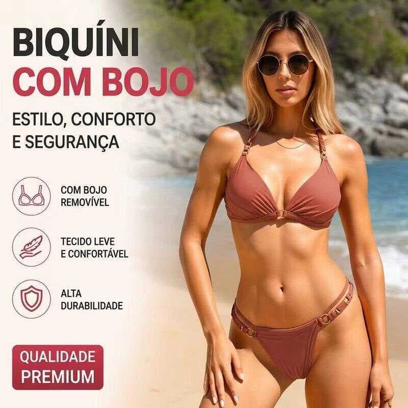 Biquíni Feminino com Bojo Removível Sutiã + Calcinha Cintura Alta Moda Praia Verão