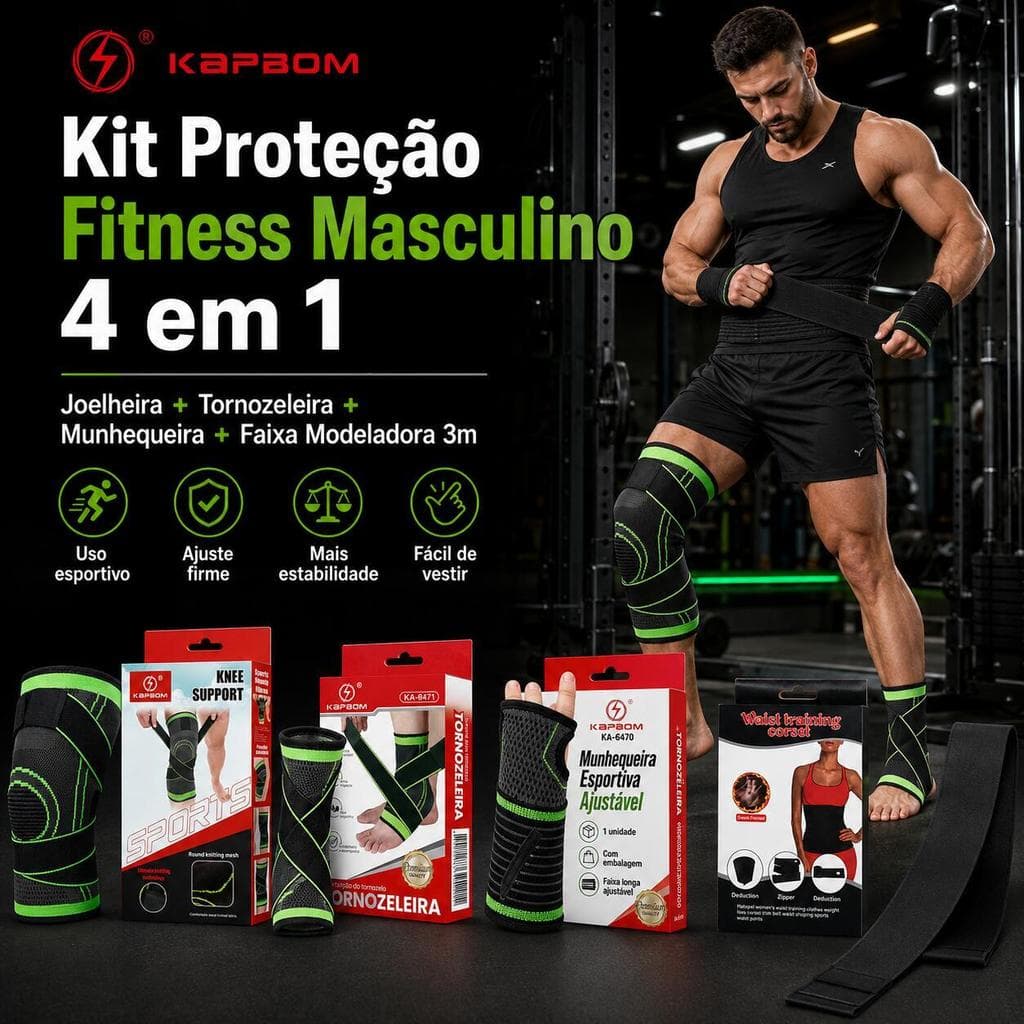 Kit Proteção Esportiva 4 em 1 KAPBOM Joelheira Tornozeleira Munhequeira Faixa Abdominal 3m Academia Treino
