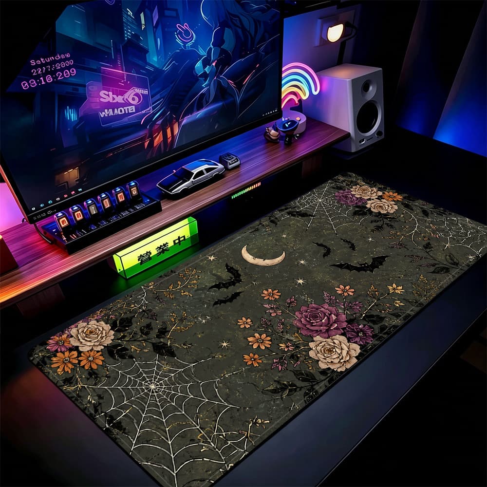 Tapete De Rato Gótico Rosa Morcego Teia De Aranha 80x30cm Mesa Estendido Para Jogos Base Antiderrapante Bordas Costurada
