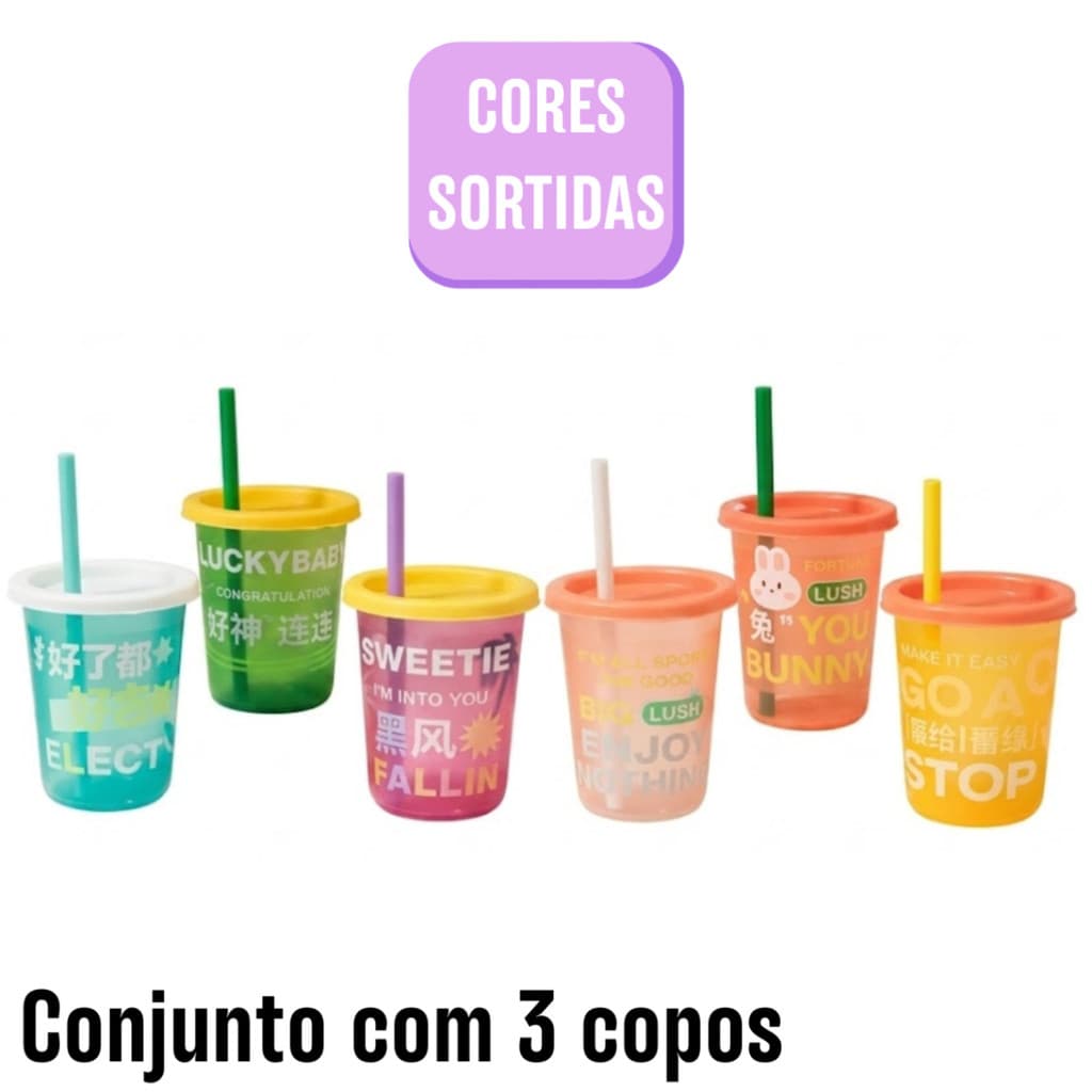 Conjunto 3 Copos Infantis com canudo - (Cores Sortidas)