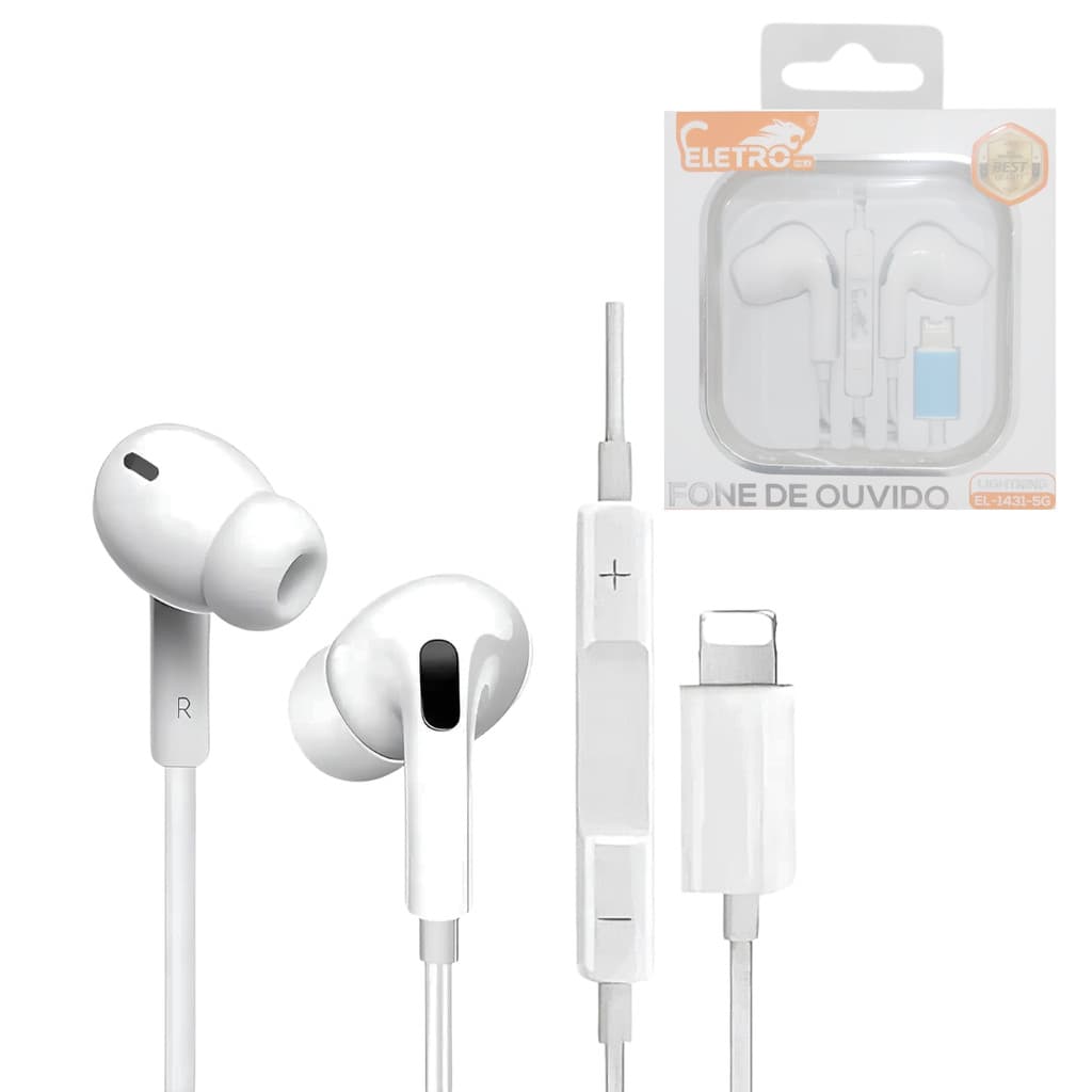 Fone de Ouvido Encaixe Silicone Com Fio e Microfone Conexão Lightning Eletromex EL-1431-5G