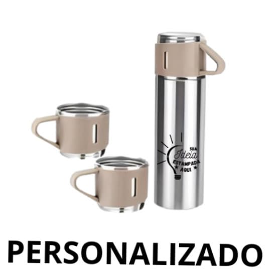Garrafa Térmica 500ML+3 Xícaras Aço Inoxidável- Personalizad