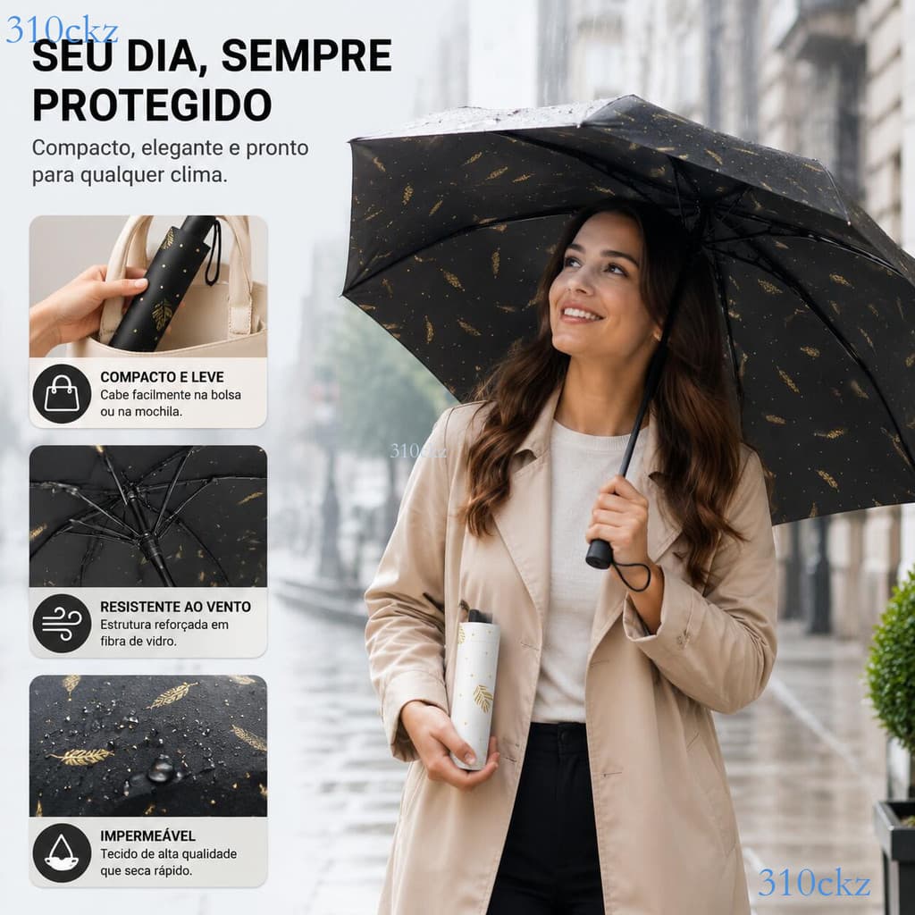 Guarda-chuva para Sol e Chuva Dobrável, Pena com Dourado Revestimento Anti UV Modelo Moderno ✨310ckz