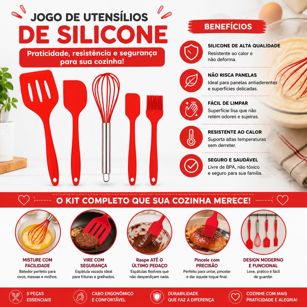 Jogo de Utensílios de Cozinha em Silicone – 5 Peças