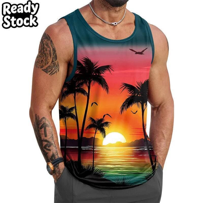 Estilo Havaiano Tropical Palmeira Padrão Regata Masculina Impressão 3D Sem Mangas Camiseta Verão Treino Fitness Colete T