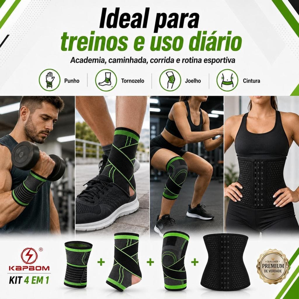 Kit Esportivo 4 ou 7 Itens – Munhequeira, Tornozeleira, Joelheira e Cinta Modeladora