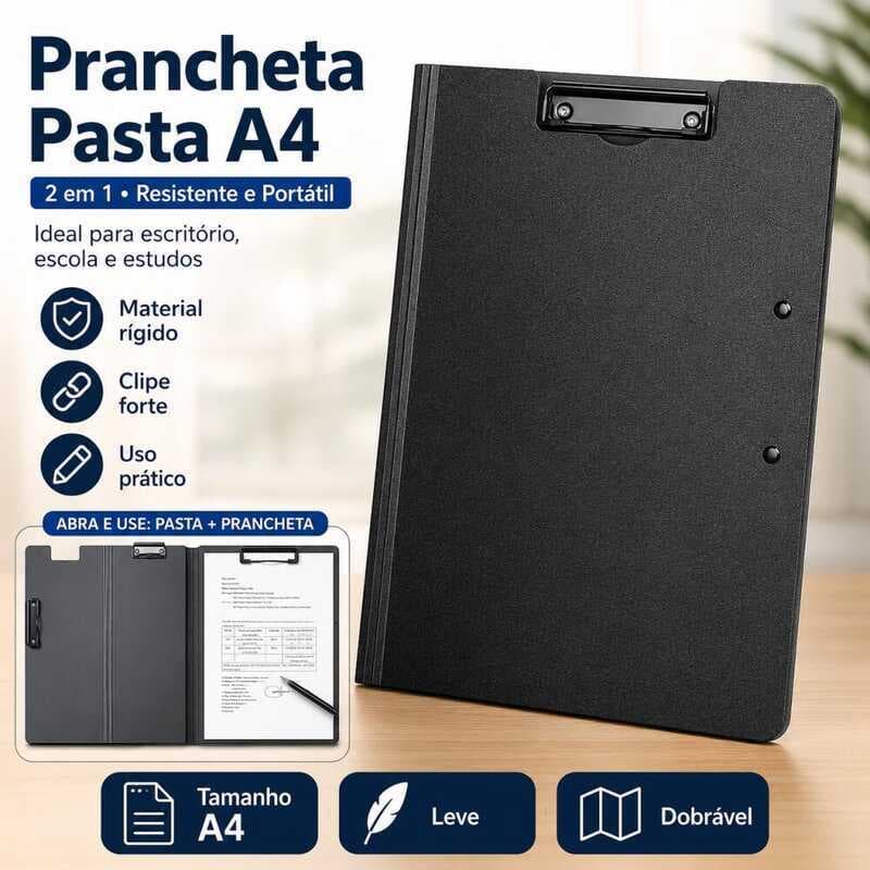 Prancheta Pasta A4 2 em 1 com Capa e Prendedor Metálico Preta para Documentos Trabalho e Estudos