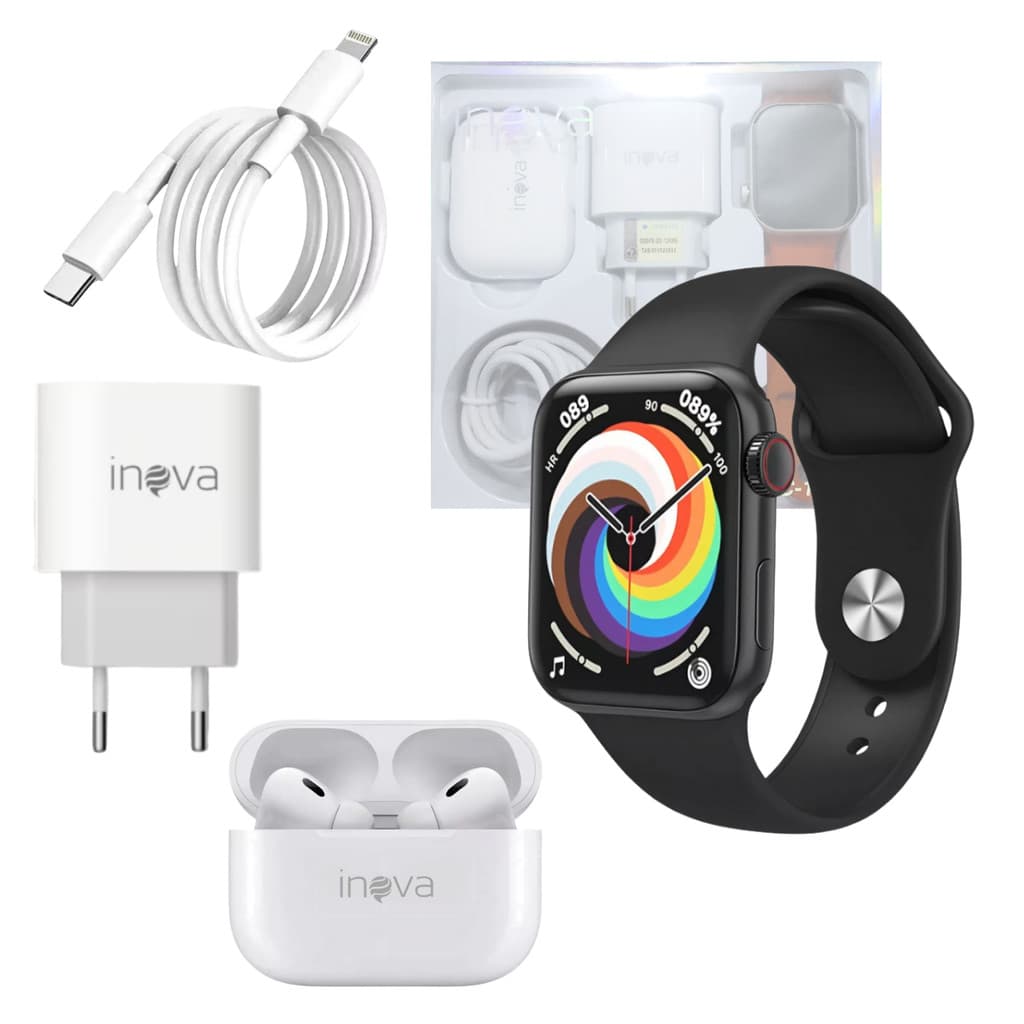 KIT Smartwatch 49mm + Fone Ouvido + Fonte TIPO-C + Cabo Lightning INOVA WFFCC-12777 (Liso)