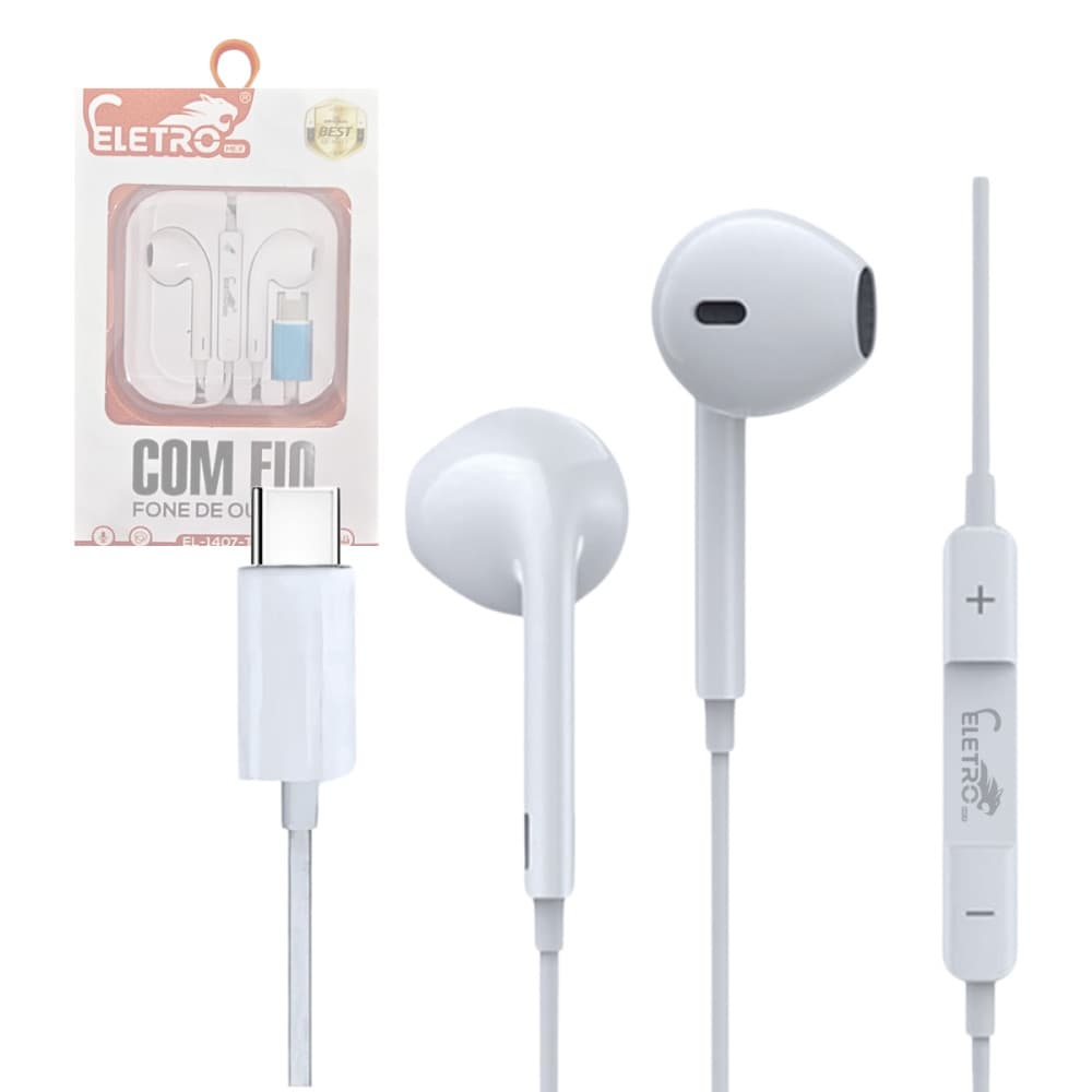 Fone de Ouvido Intra Auricular Com Fio e Microfone Controle de Volume Conexão TIPO-C