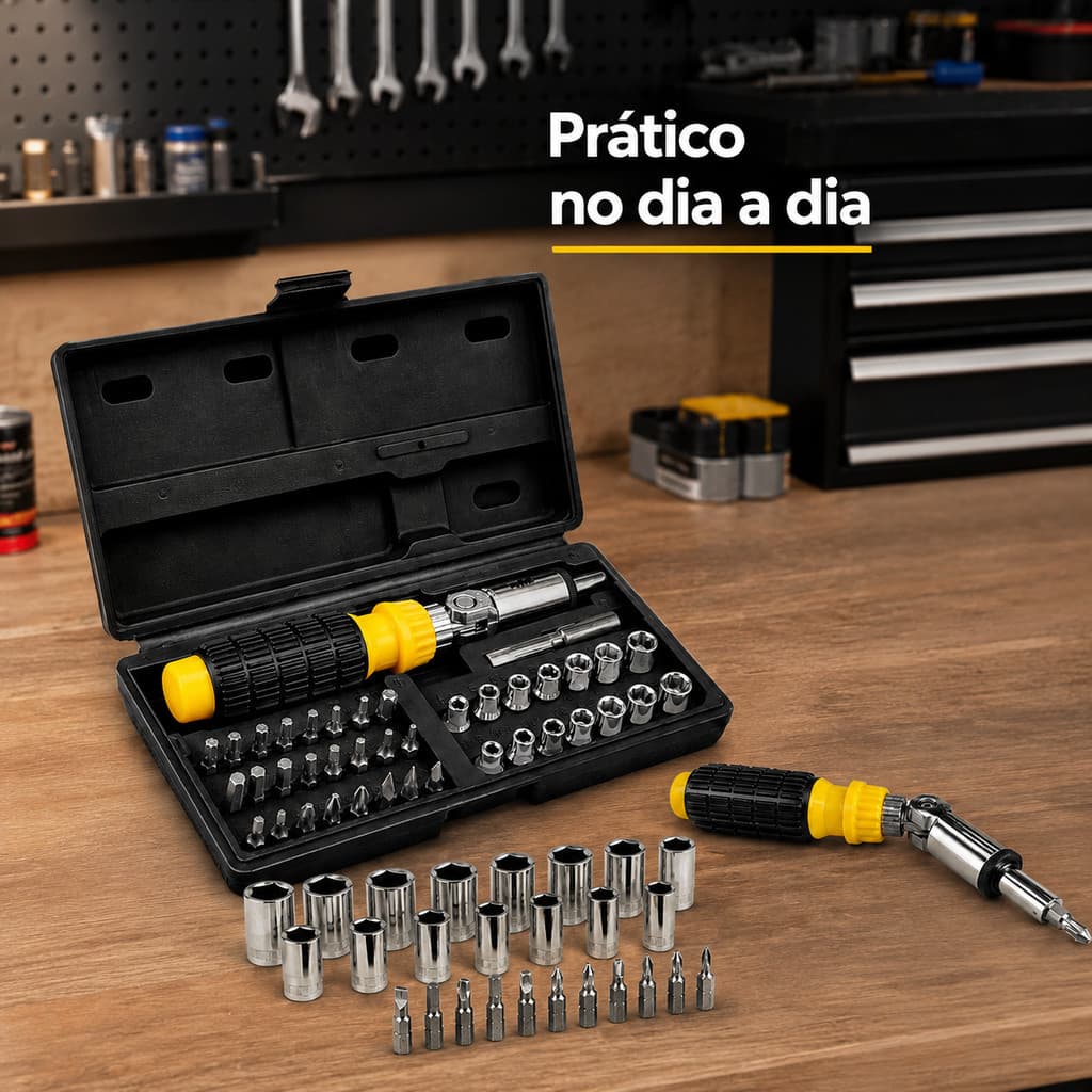 Jogo de Bits e Soquetes Sextavado 41 Peças Titanium com Catraca Reversível e Estojo