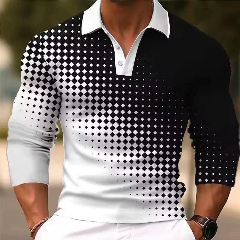 Cor correspondente simples botão 3D impresso camisa polo primavera outono masculino Casual negócios camisa polo manga lo