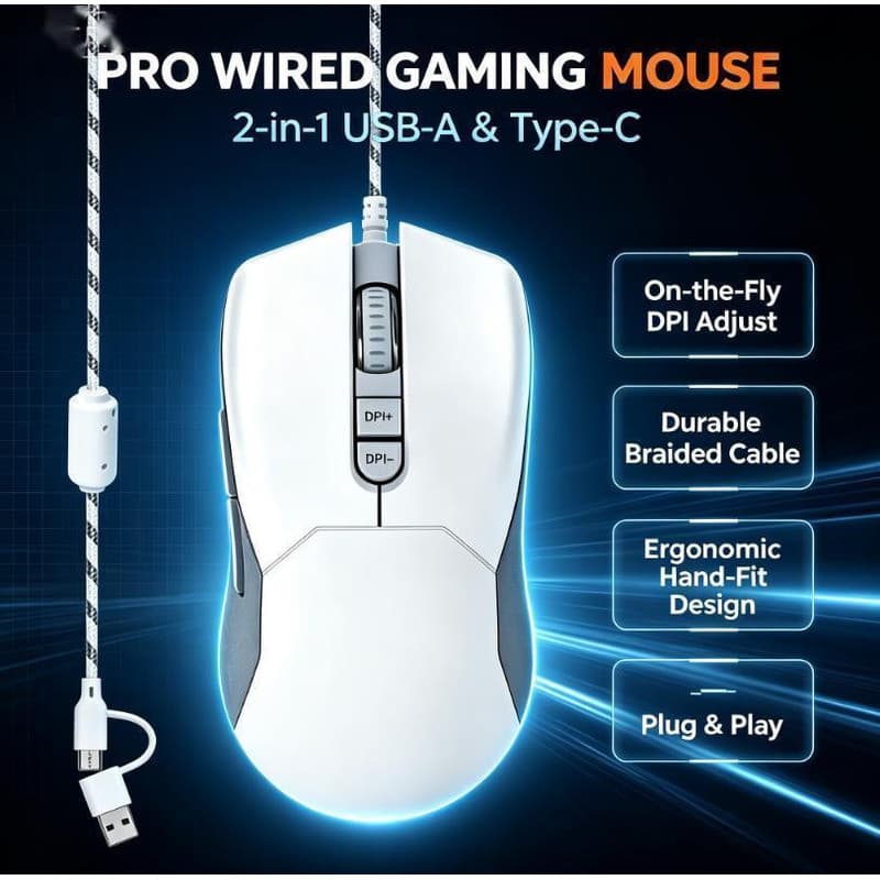 Mouse Com Fio 2 Em 1 USB-A Tipo C Para Jogos Ergonômico DPI Cabo Trançado Ajustável De Computador PC Laptop Gamer Office