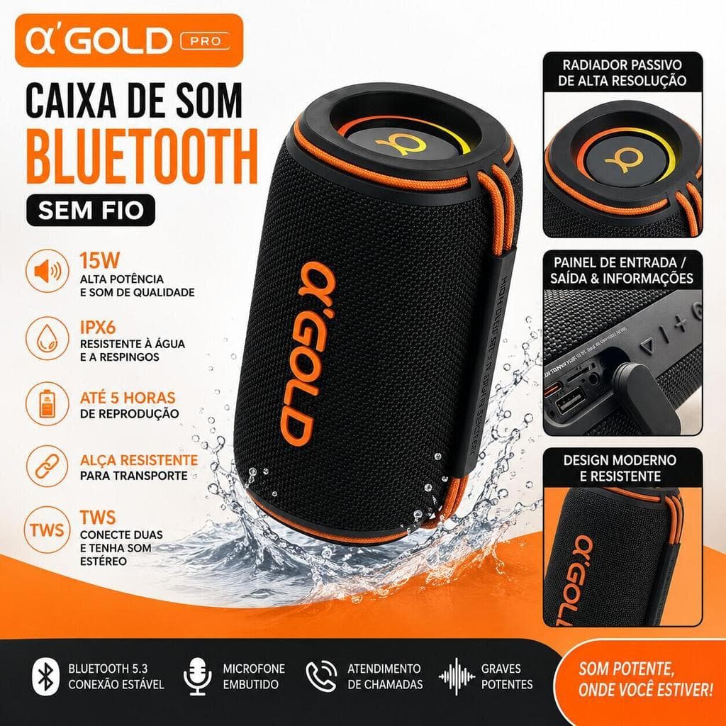 Caixa de Som Bluetooth A'Gold SM-33 15W Portátil com Microfone TWS À Prova D'Água IPX6 Homologada Anatel
