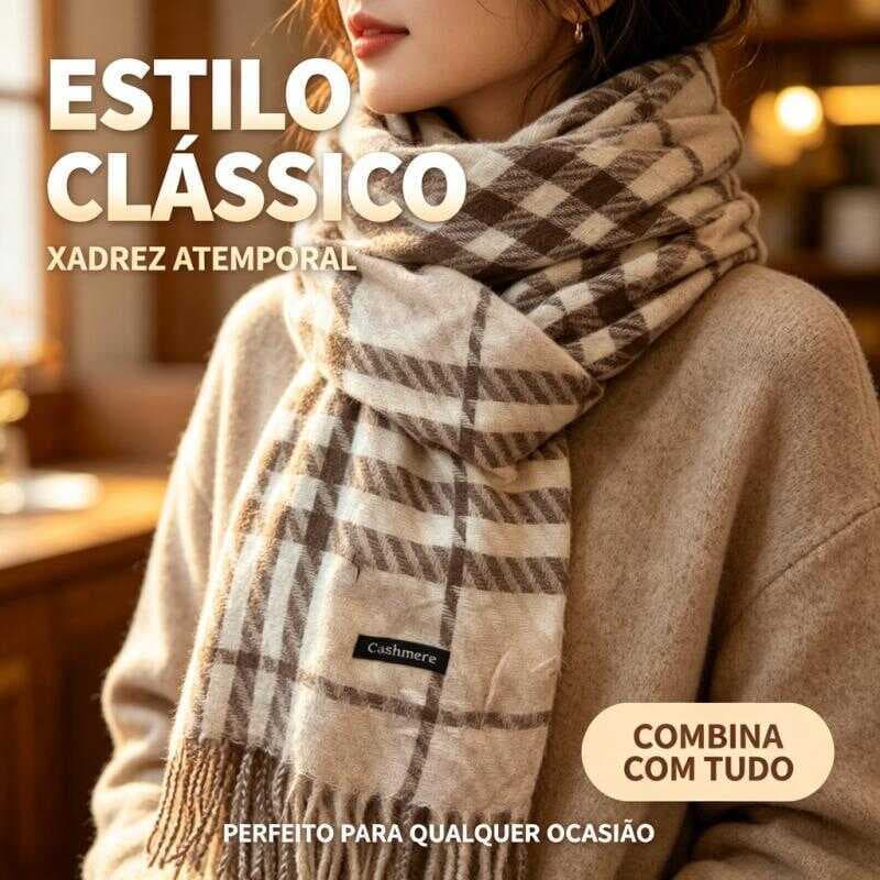 Cachecol Feminino de Cashmere Xadrez - Macio, Quente e Elegante para Inverno