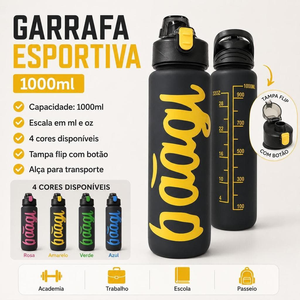 Garrafa Esportiva Squeeze 1000ml com Tampa Flip Botão, Alça Integrada e Medidor para Academia Trabalho Escola