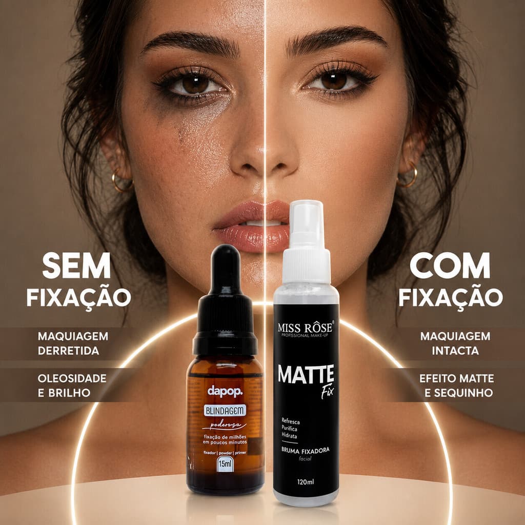 Kit Fixação de Maquiagem: Blindagem Dapop + Bruma Fixadora Matte Fix Miss Rôse Longa Duração