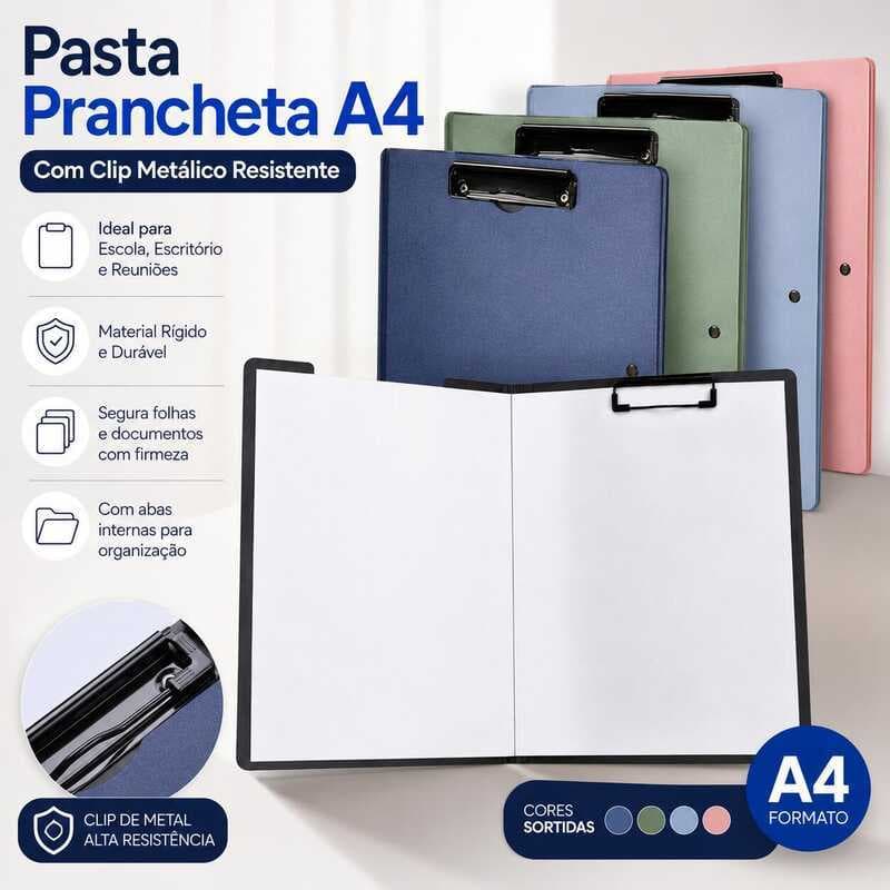 Pasta Organizadora A4 com Prancheta Capa Preta e Clipe Duplo para Escritório Faculdade e Reuniões