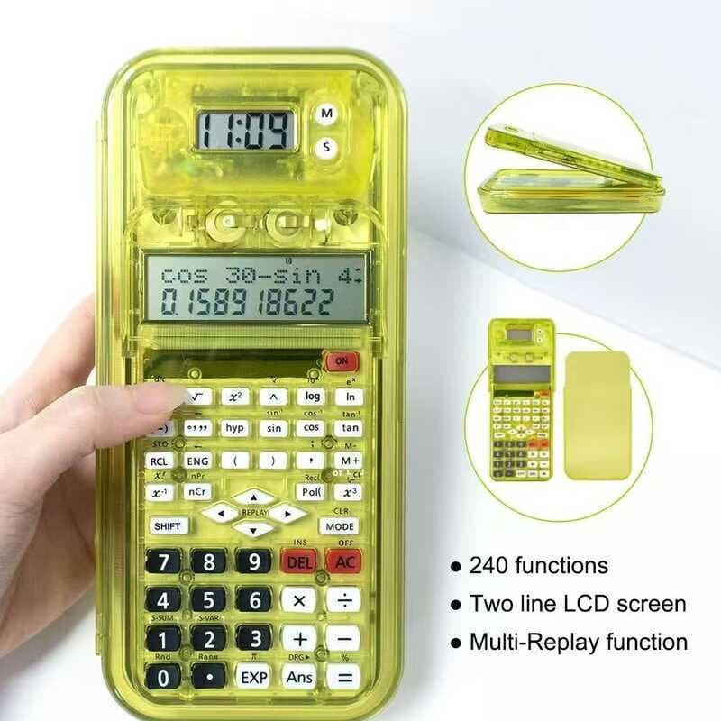 Calculadora de função 82MS, calculadora científica, exame de estudante, cor transparente, caixa de papelaria, relógio mu