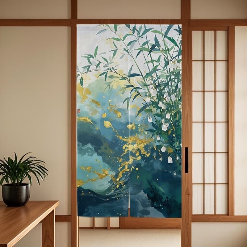 Cortina de porta estilo chinês, cortina divisória para sala de estar, corredor, pintura de paisagem, cortina de porta de