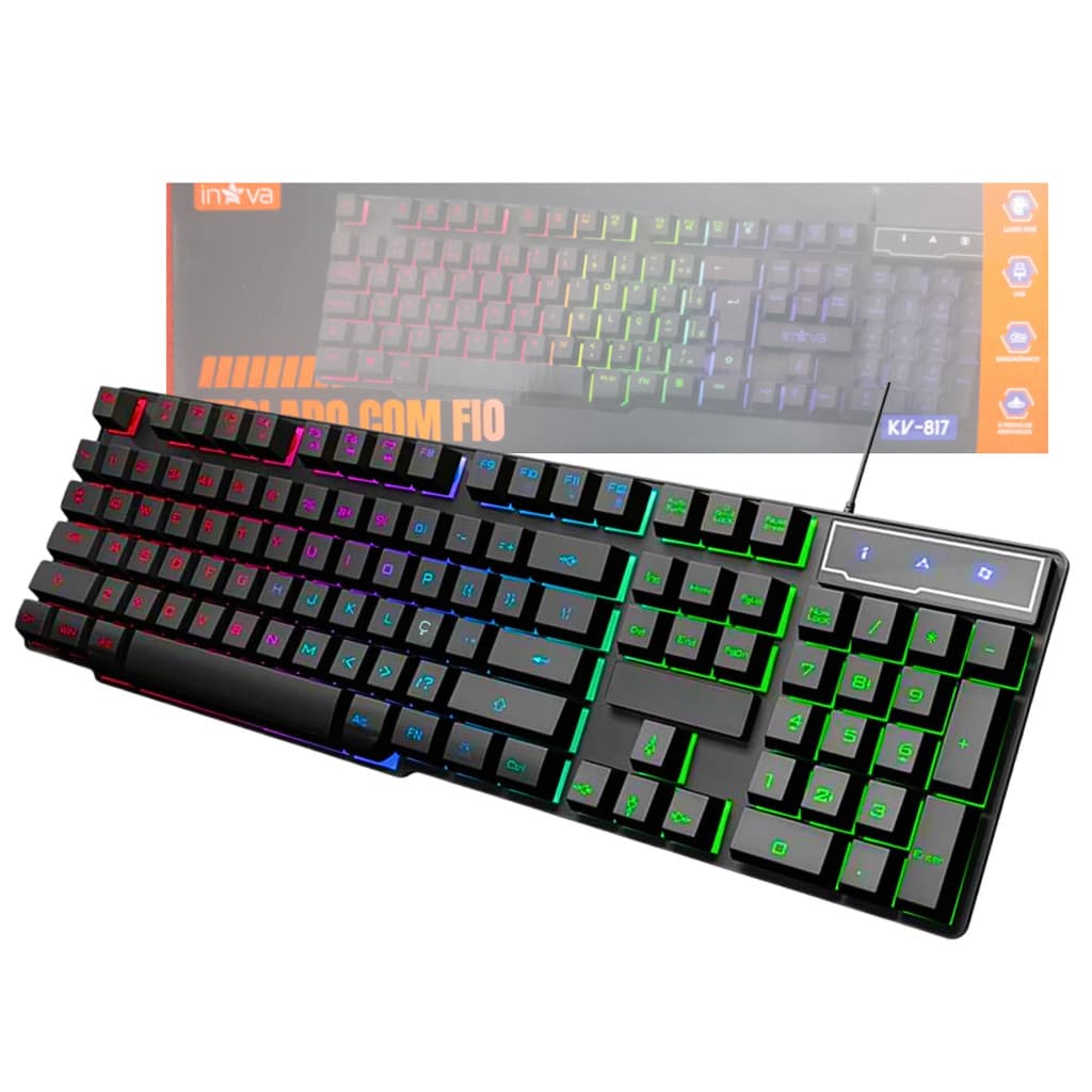 Teclado Gamer Semi-Mecânico LED RGB Plug & Play Computador Notebook ABNT2 Inova KV-817