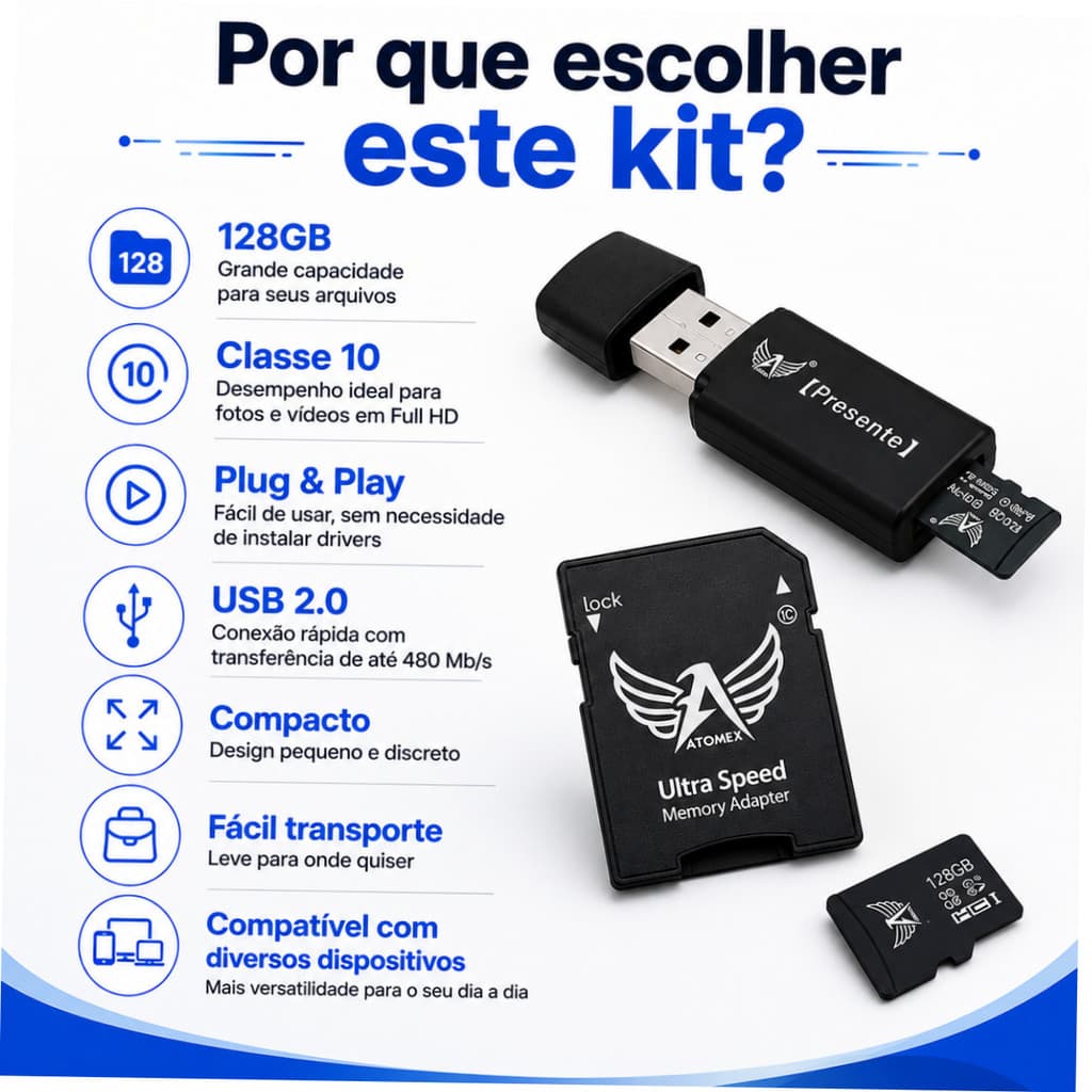 Cartão de Memória Micro SD 128GB Classe 10 com Adaptador SD