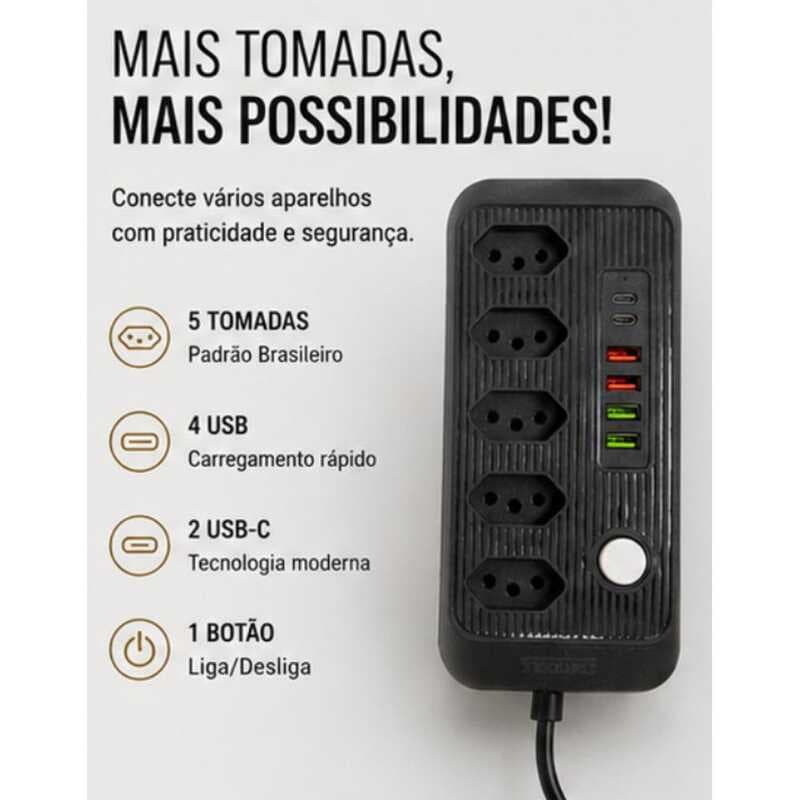Filtro de Linha 5 Tomadas 2m com USB e USB-C Carregamento Rápido Bivolt Proteção Inteligente
