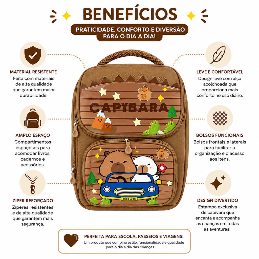 Mochila Infantil Capivara Marrom – Conforto, Organização e Muito Estilo para o Dia a Dia