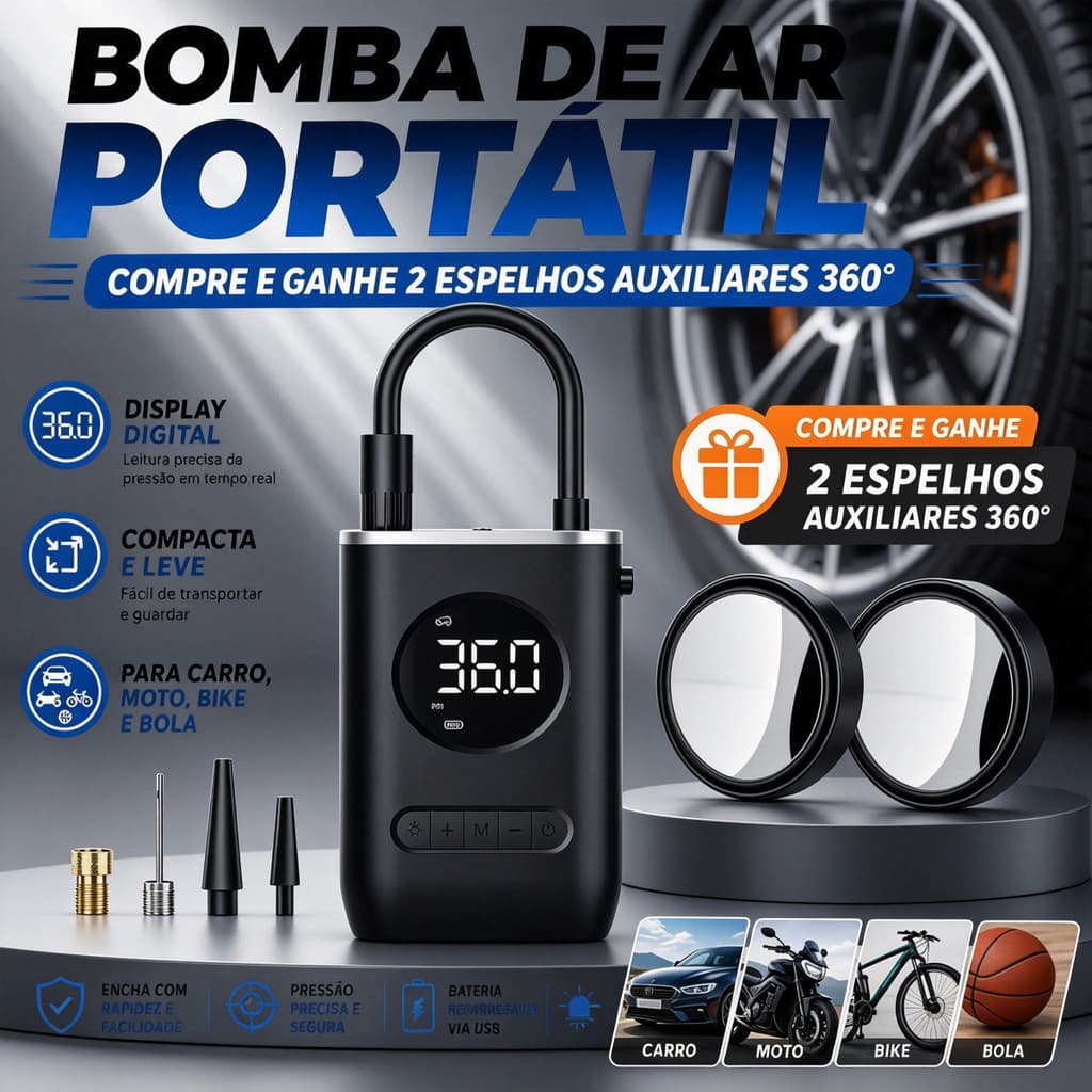 Calibrador de Pneus Portátil Digital – Mini Compressor para Carro, Moto, Bike e Bola + Brinde 2 Espelhos 360°