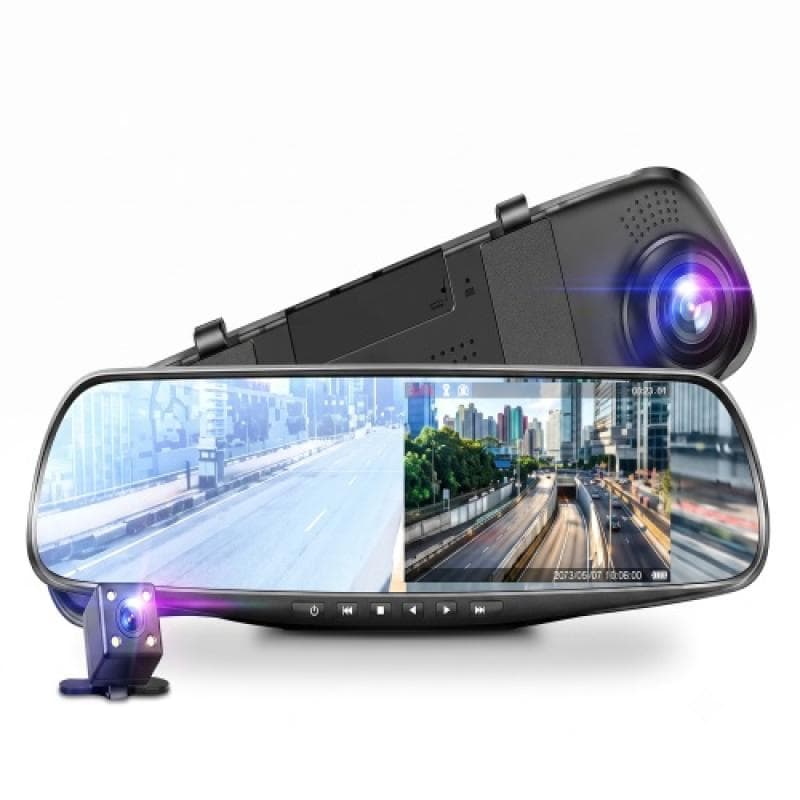 Espelho Retrovisor com Câmera Frontal e Câmera de Ré HD 1080P 2 em 1 Preto Segurança Estacionamento