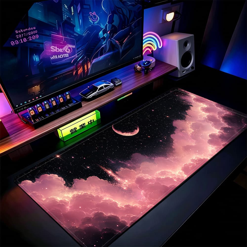 Rosa Lua E Nuvens Mouse Pad 80x30cm Tapete De Mesa Estendido Para Jogos Base Antiderrapante Bordas Costuradas