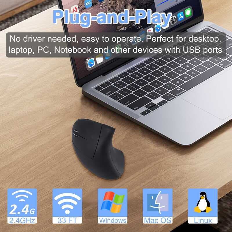 Mouse Vertical Ergonômico LED Luz 2.4 Ghz Óptico Recarregável Portátil Sem Fio Para Canhotos Com Receptor USB Laptop PC