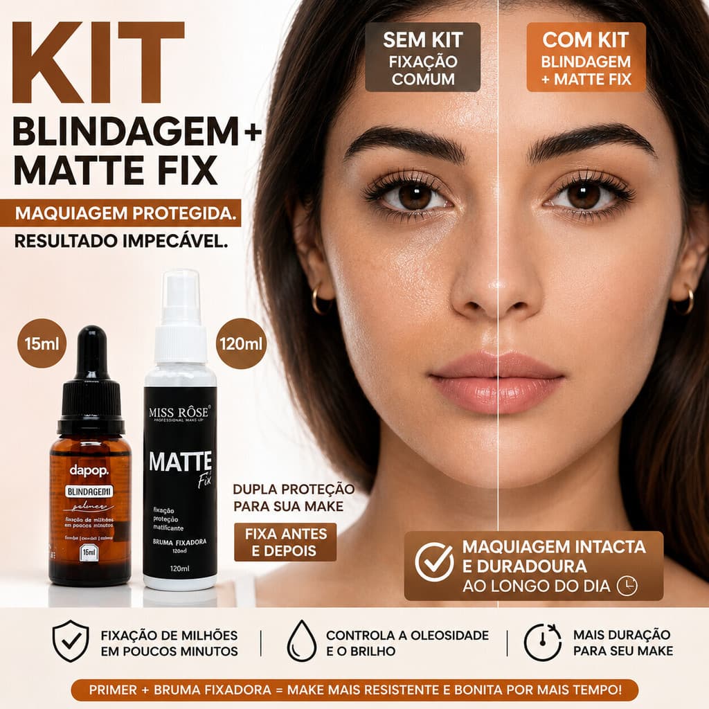 Kit Blindagem Dapop 15ml + Bruma Fixadora Matte Fix Miss Rôse 120ml Primer Diluidor Fixador de Maquiagem Longa Duração