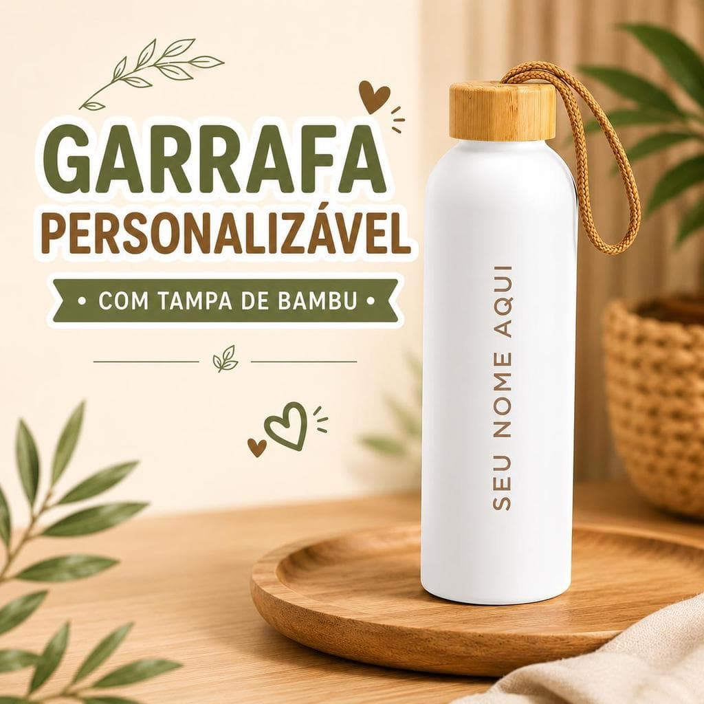 Garrafa De Água com Tampa de Bambu Personalizada Com Seu Nom