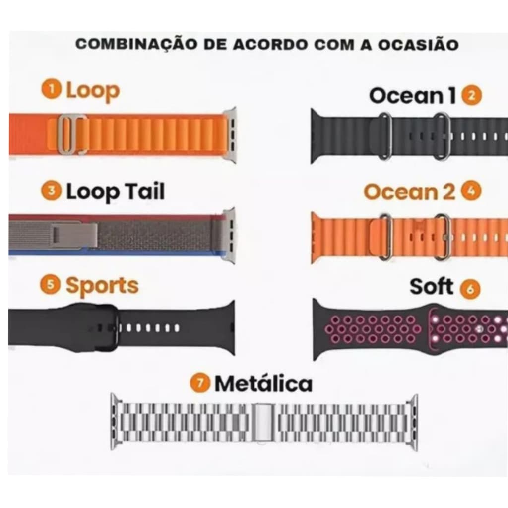 Conjunto de 5 Pulseiras Respirável Smartwatch 42 a 49mm (Cor/Modelos Sortidos)