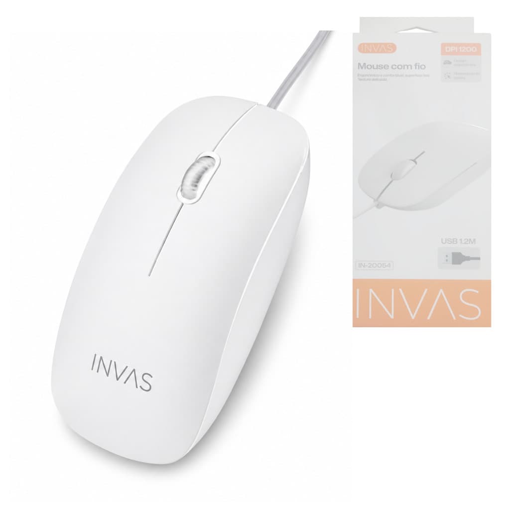 Mouse Óptico Com Fio 1,2 Metros 1200 DPI Ergonômico USB INVAS IN-20054
