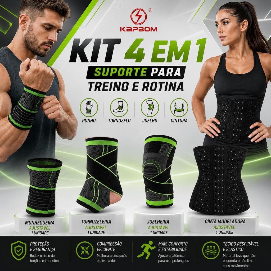 Kit Esportivo Completo 4/7 Peças, Joelheira de Proteção + Cinta Modeladora + Munhequeira Tornozeleira para Academia