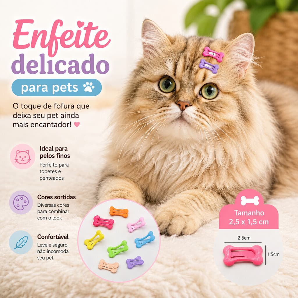 Kit 10 Presilhas Coloridas – Prendedor de Pelo para Cães e Gatos, Banho e Tosa, Shih Tzu, Yorkshire, 2,5cm