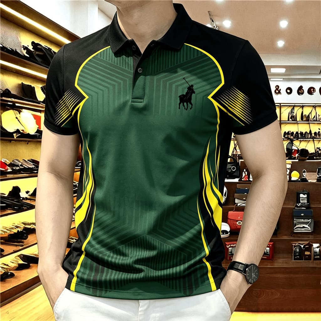 Camisa Polo Atlética Masculina , Emblema De Cavalo Com Estampa Geométrica Listrada , Manga Curta , Tecido De Secagem Ráp