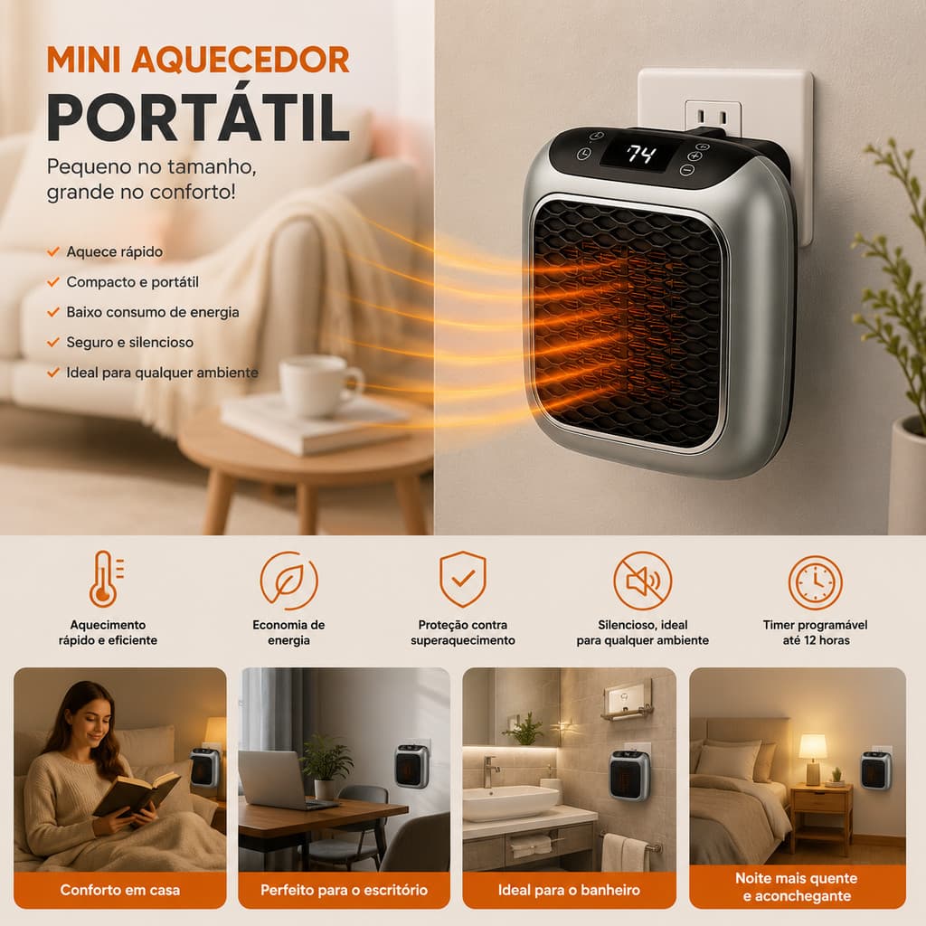 Mini Aquecedor Portátil Elétrico com Display Digital e Timer
