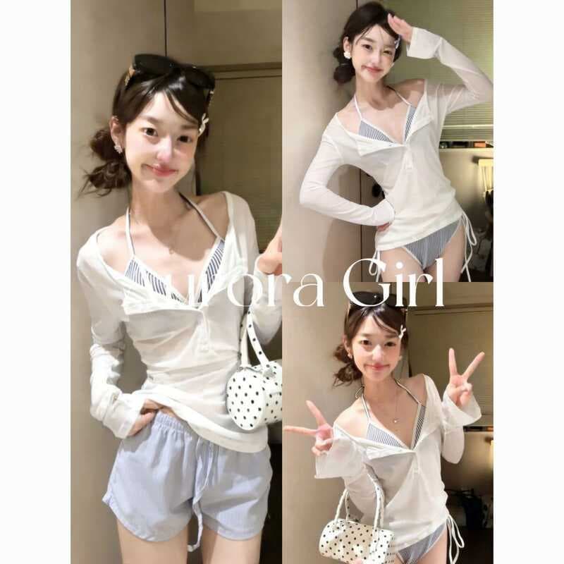 [Chiang Mai Coconut Style] Biquíni listrado marinho Pure Desire Slimmer Look Hot Spring Seaside Férias Maiô feminino