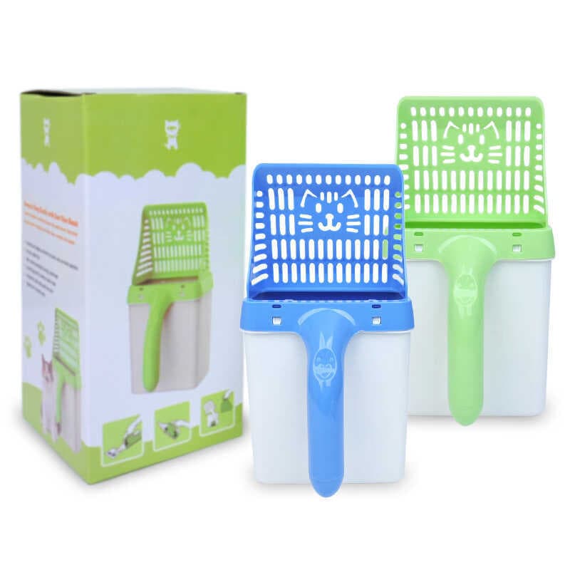 Conjunto de pá para areia de gato, cabeça de gato, pá para areia de gato, lata de lixo portátil integrada, pá para areia