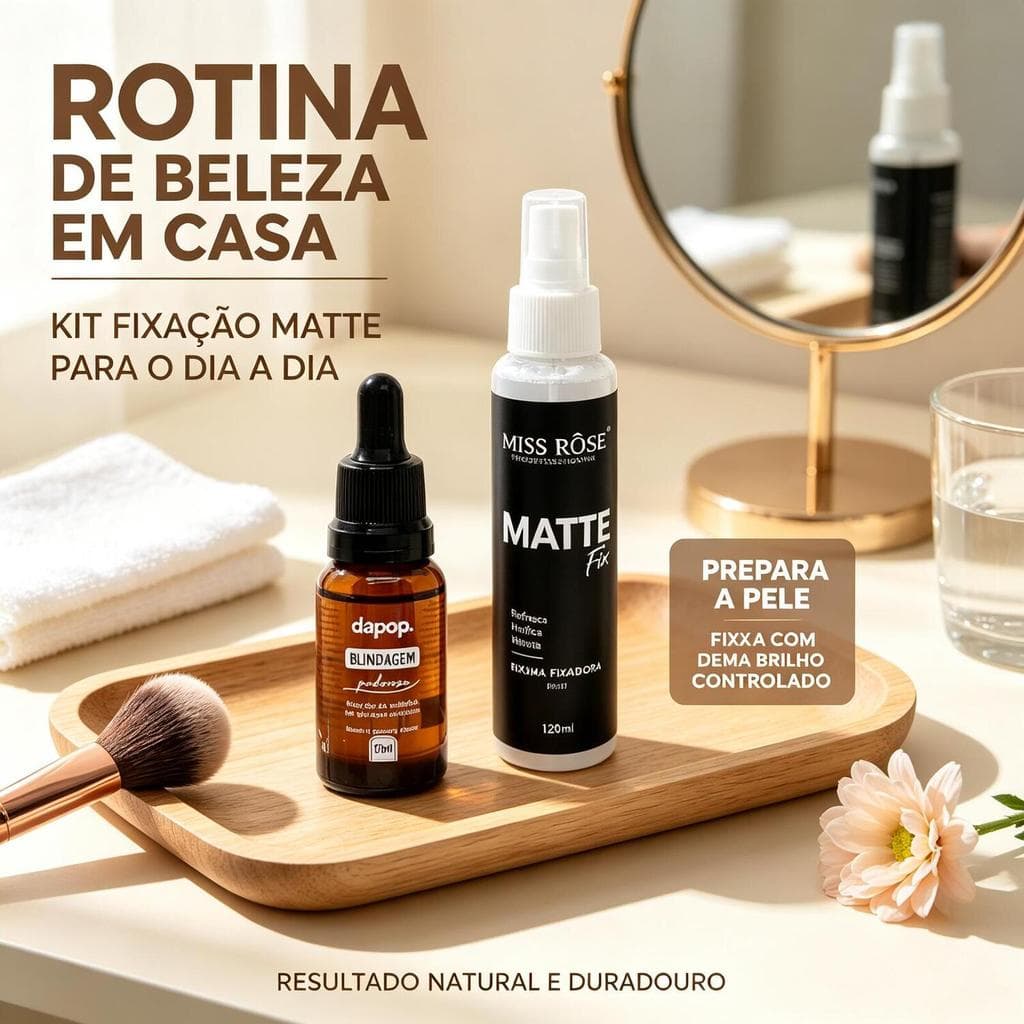 Kit Fixação de Maquiagem: Blindagem Dapop + Bruma Fixadora Matte Miss Rôse, Longa Duração e Controle de Oleosidade