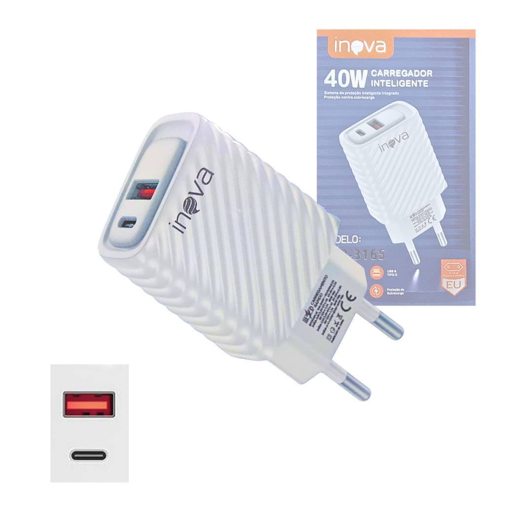 Fonte Carregador Inteligente 40W com Porta USB e TIPO-C INOVA CAR-3165