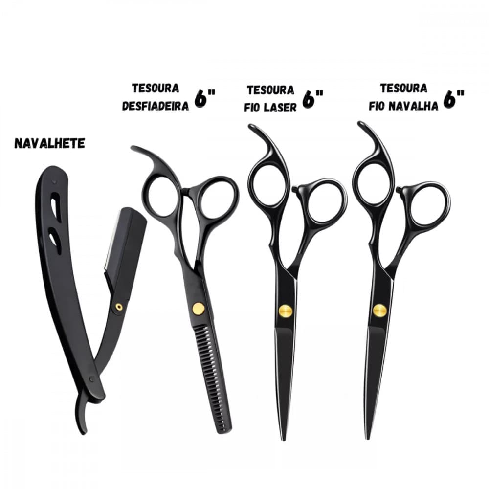 Kit 6 Peças Tesouras e Navalha Profissionais Barbeiro BLACK Altomex AL-2917